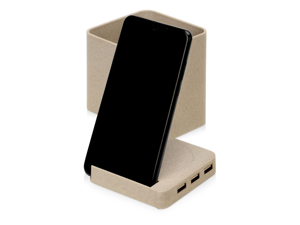 Настольный органайзер Cubic с функциями USB-хаба и беспроводной зарядки, натуральный — изображение 4