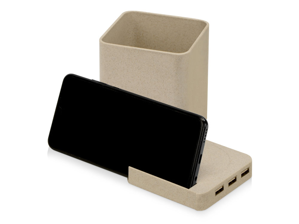 Настольный органайзер Cubic с функциями USB-хаба и беспроводной зарядки, натуральный — изображение 5
