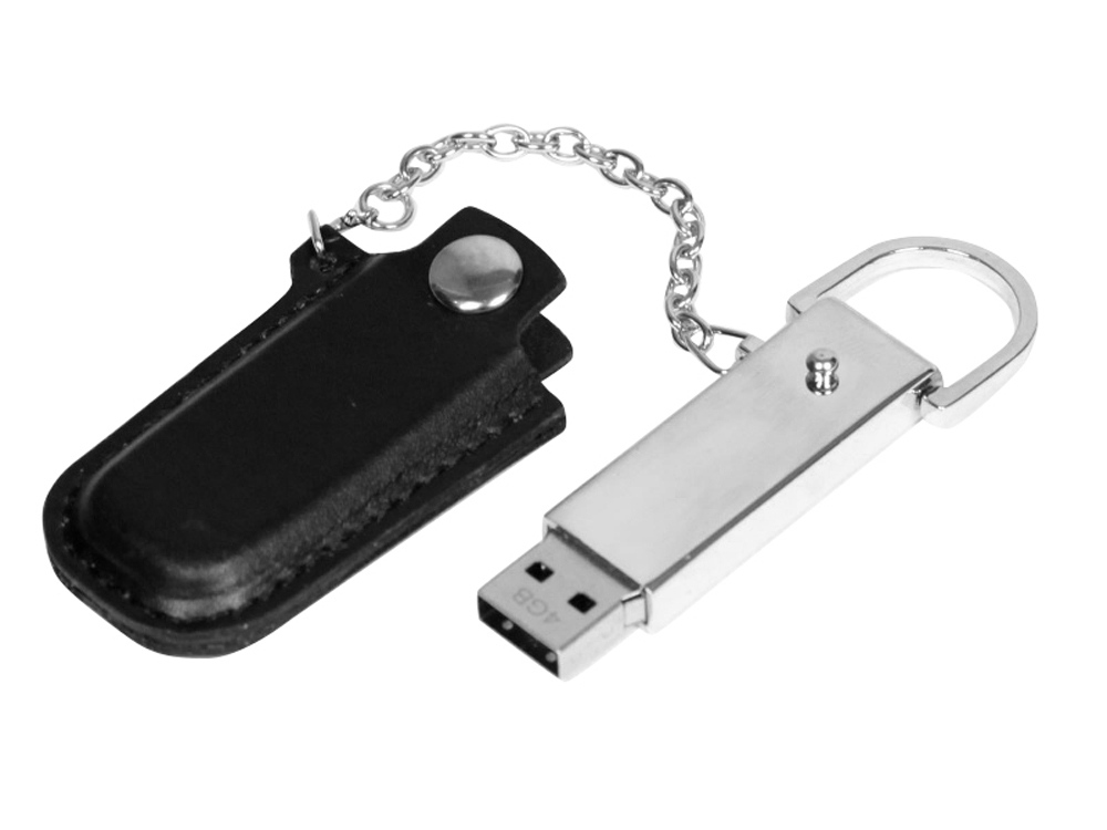USB 2.0- флешка на 16 Гб в массивном корпусе с кожаным чехлом, черный/серебристый — изображение 2