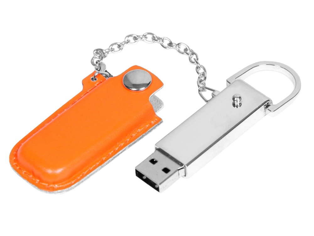 USB 2.0- флешка на 32 Гб в массивном корпусе с кожаным чехлом, оранжевый/серебристый — изображение 2