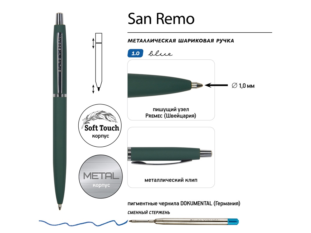 Ручка металлическая шариковая «San Remo», софт-тач, зеленый — изображение 3