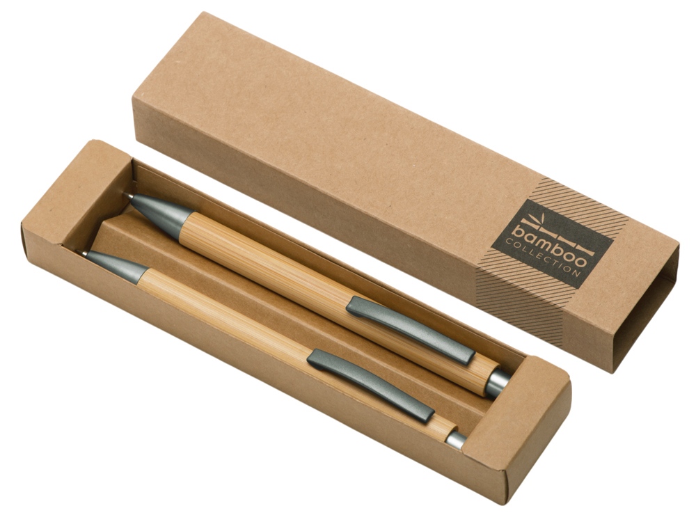 Подарочный набор «Tender bamboo» с шариковой ручкой и механическим карандашом из бамбука, натуральный, темно-серый — изображение 5
