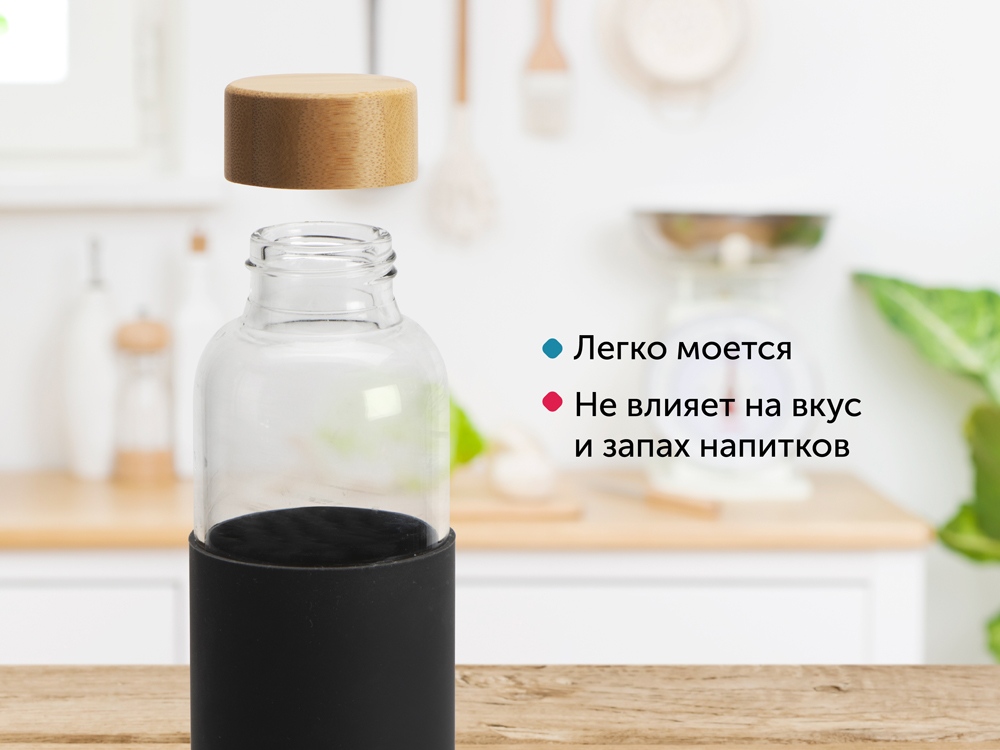 Стеклянная бутылка для воды в силиконовом чехле «Refine», черный — изображение 8