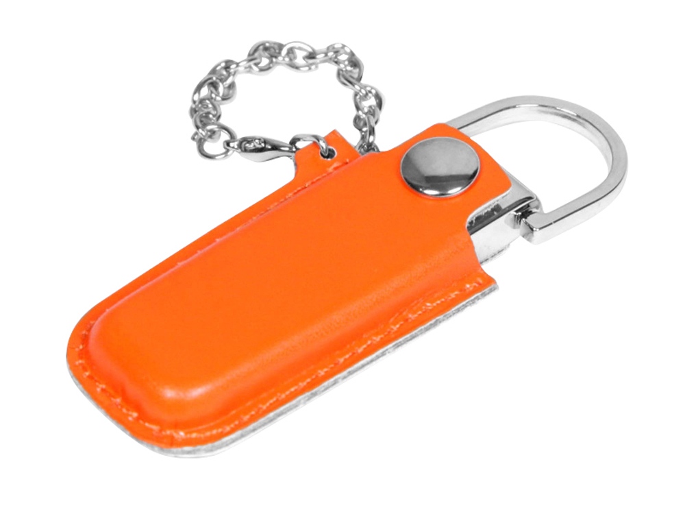 USB 2.0- флешка на 32 Гб в массивном корпусе с кожаным чехлом, оранжевый/серебристый