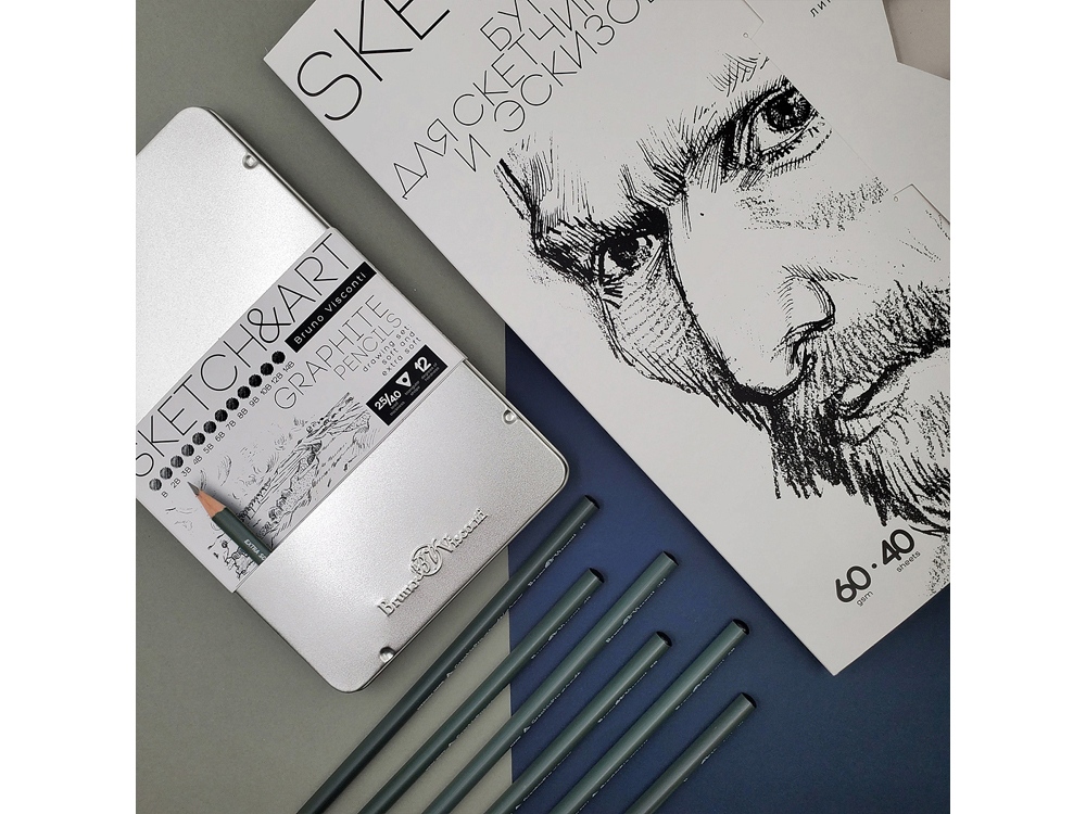 Набор из 12 чернографитовых карандашей «Sketch & Art» В - 14В, серебристый — изображение 4