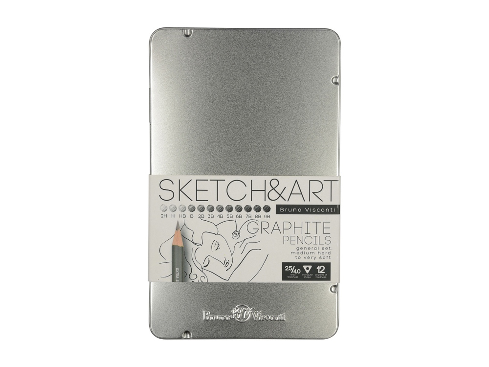 Набор из 12 чернографитовых карандашей «Sketch & Art» 2Н - 9В, серебристый