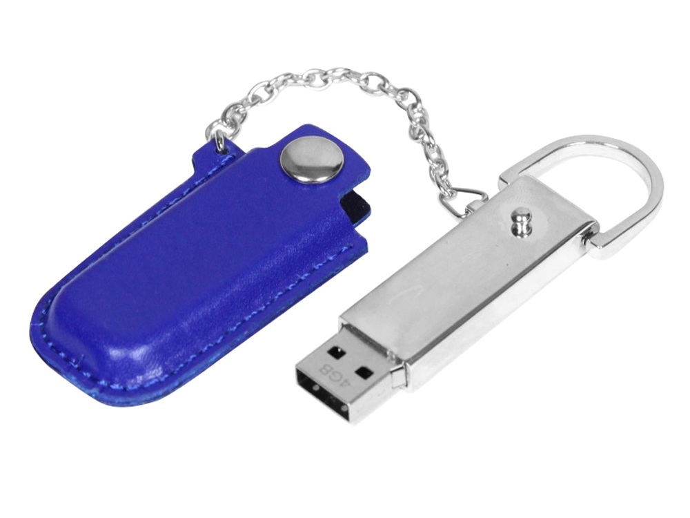 USB 2.0- флешка на 16 Гб в массивном корпусе с кожаным чехлом, синий/серебристый — изображение 2