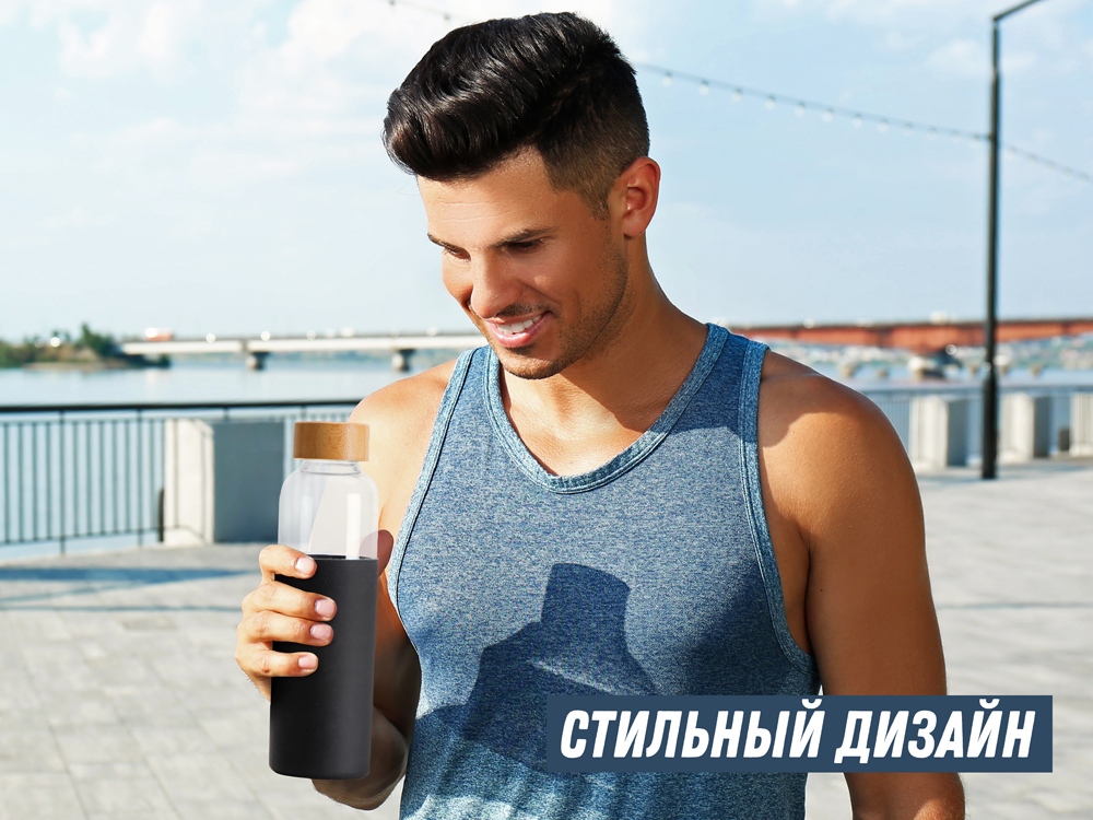 Стеклянная бутылка для воды в силиконовом чехле «Refine», черный — изображение 13