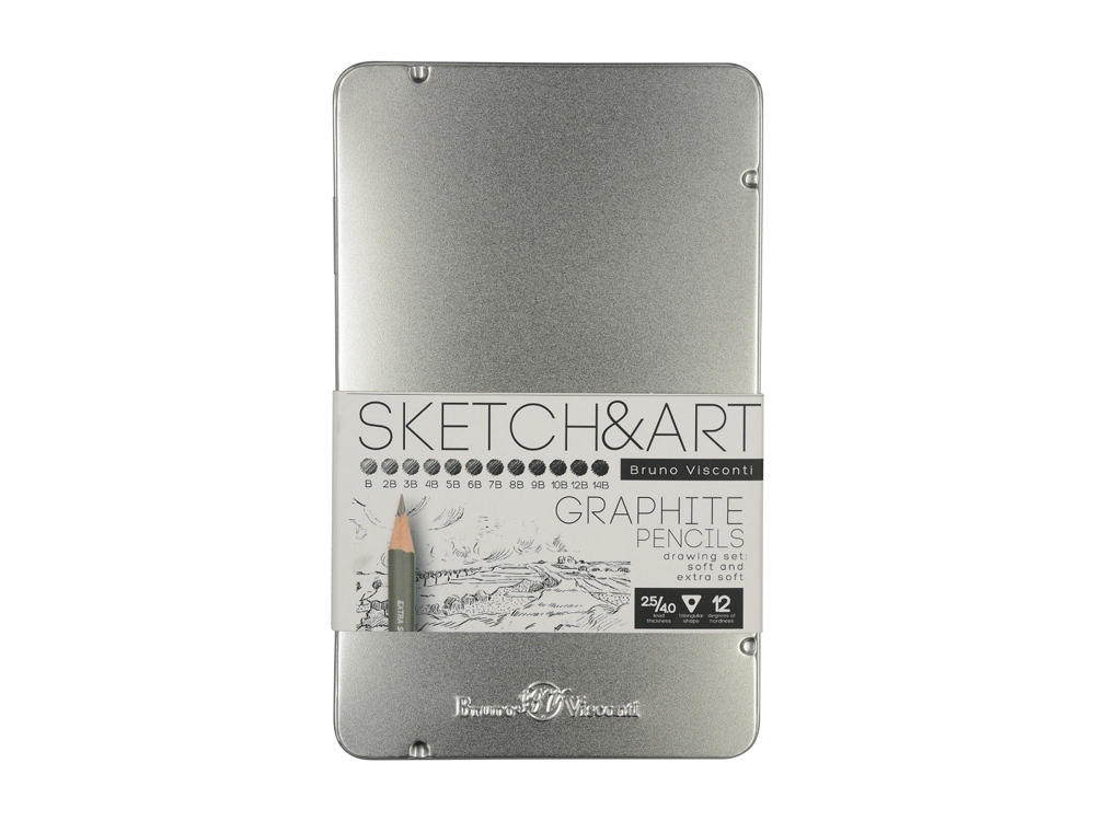Набор из 12 чернографитовых карандашей «Sketch & Art» В - 14В, серебристый