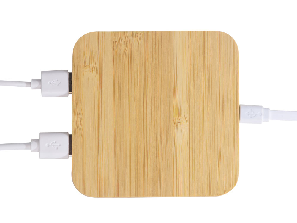 USB-хаб с беспроводной зарядкой из бамбука «Plato», 5 Вт, натуральный — изображение 9