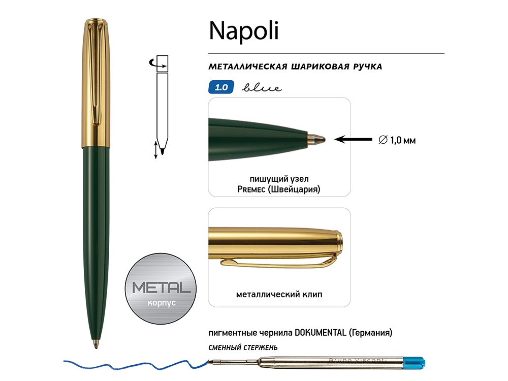 Ручка металлическая шариковая «Napoli», зеленый, золотистый — изображение 3