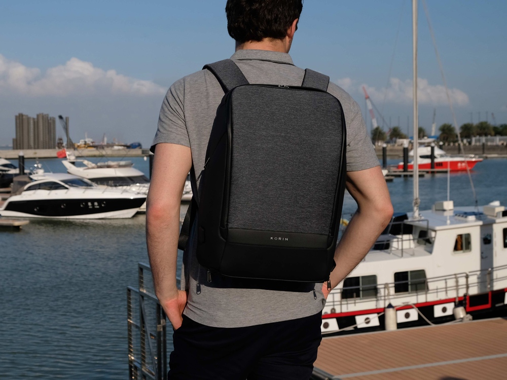 Водостойкий антикражный рюкзак FlexPackPro для ноутбука 15.6", серый/черный — изображение 16